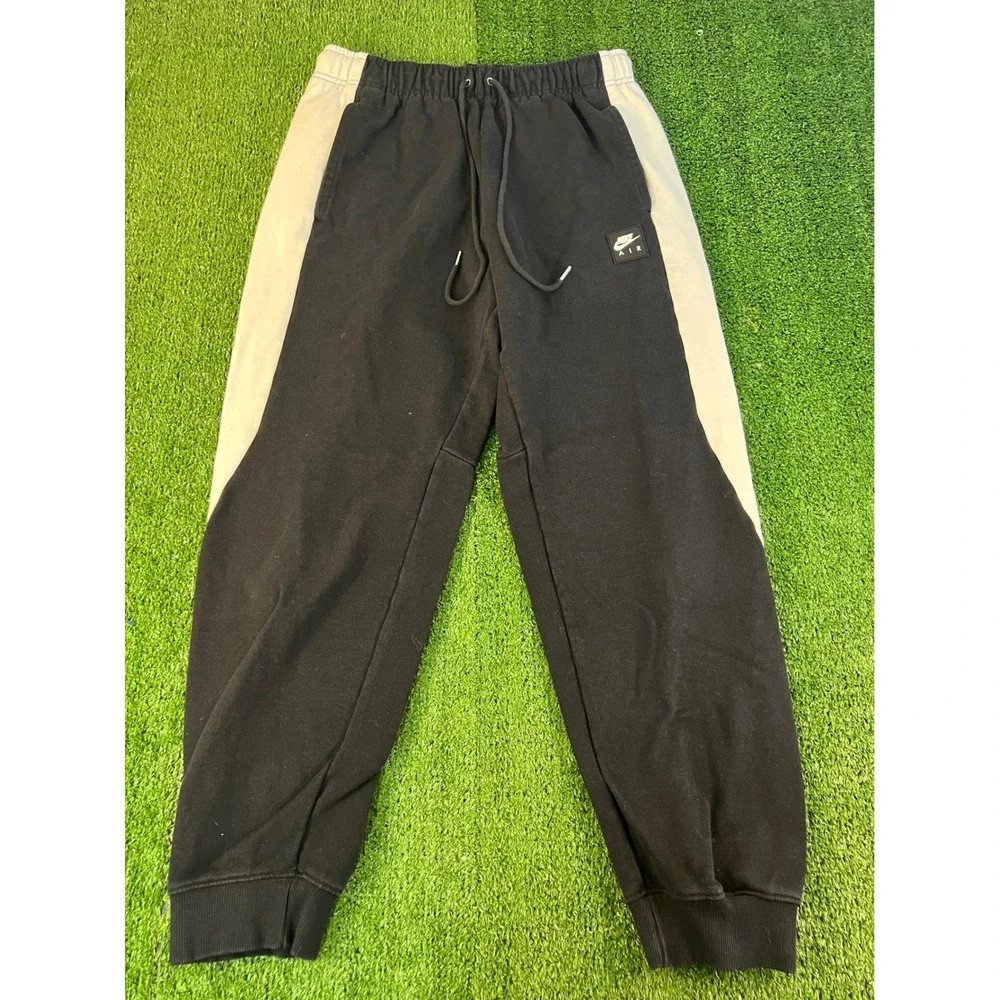 Nike Air Mens Fleece Joggers Black Sail White HJ0291-010 Size M Relaxed Tapered